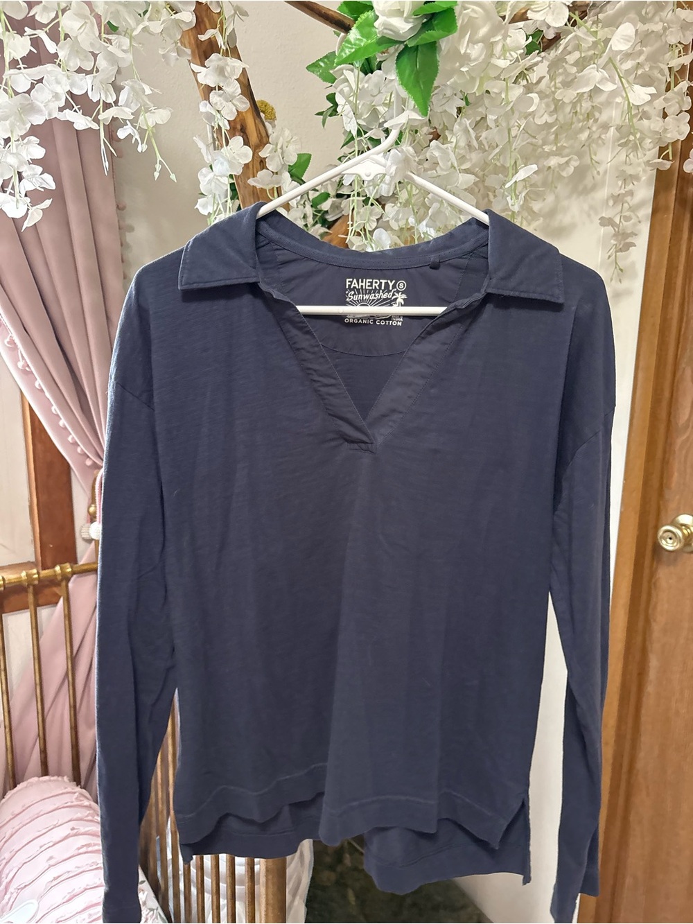 Faherty Navy Long Sleeve Polo V-Neck Top 100% Cotton